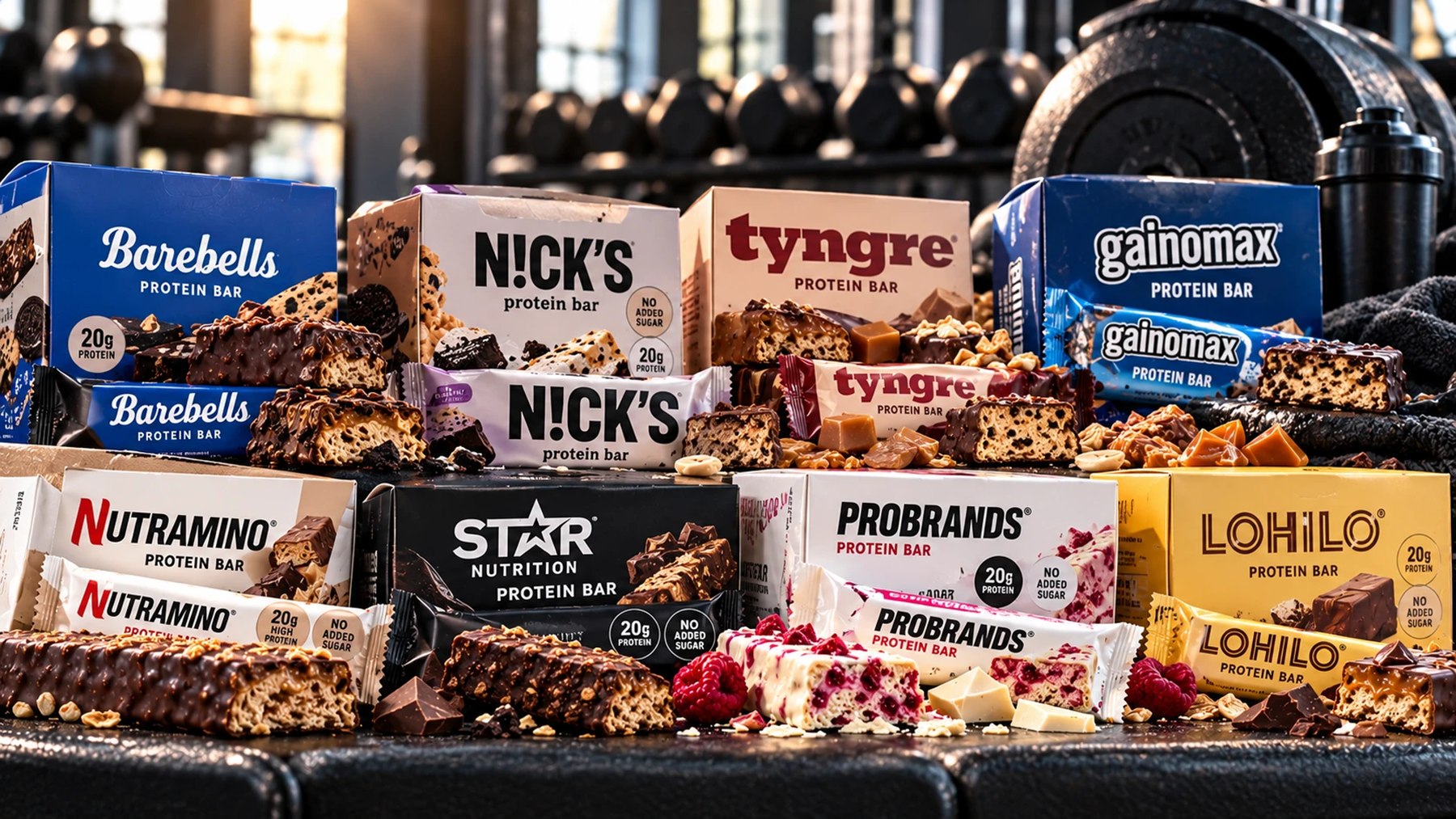Illustration: lådor och lösa proteinbars från Barebells, Nick's, Tyngre, Gainomax, Nutramino, Star Nutrition, ProBrands och Lohilo på en bänk i ett gym