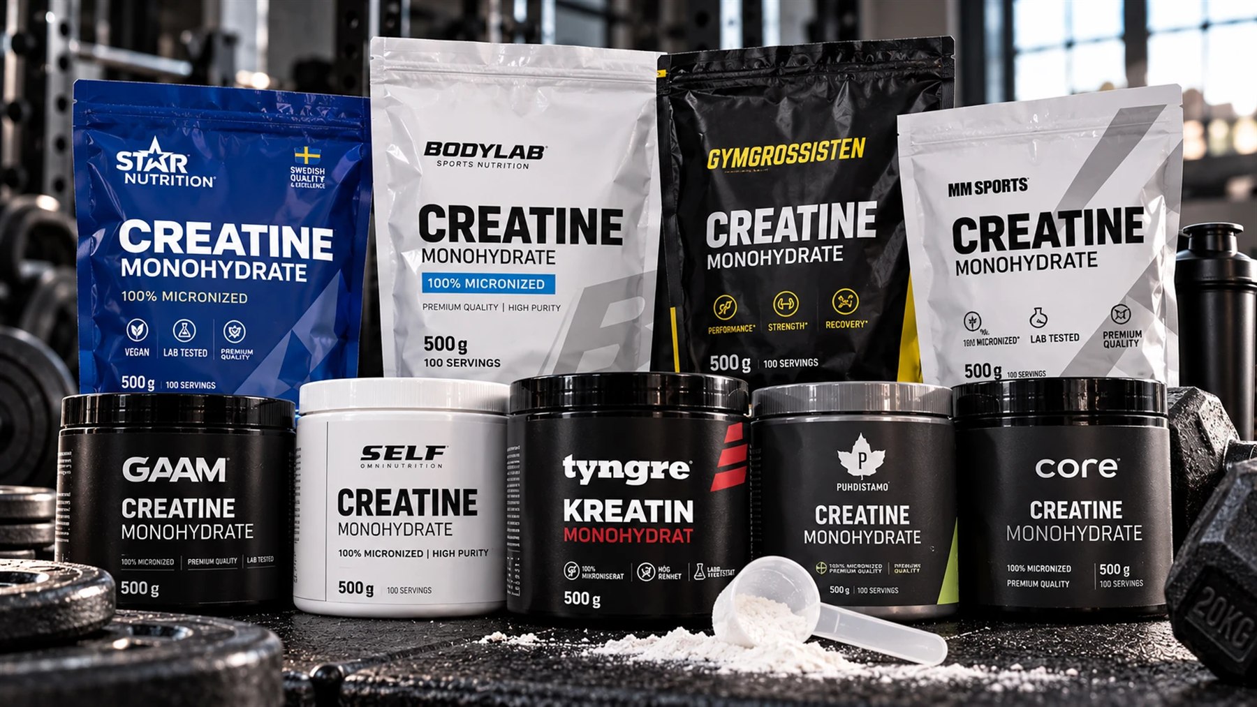 Illustration: kreatinmonohydrat på 500 g från Star Nutrition, Bodylab, Gymgrossisten, MM Sports, GAAM, Self Omninutrition, Tyngre, Puhdistamo och Core, med en skopa kreatinpulver på ett gymgolv