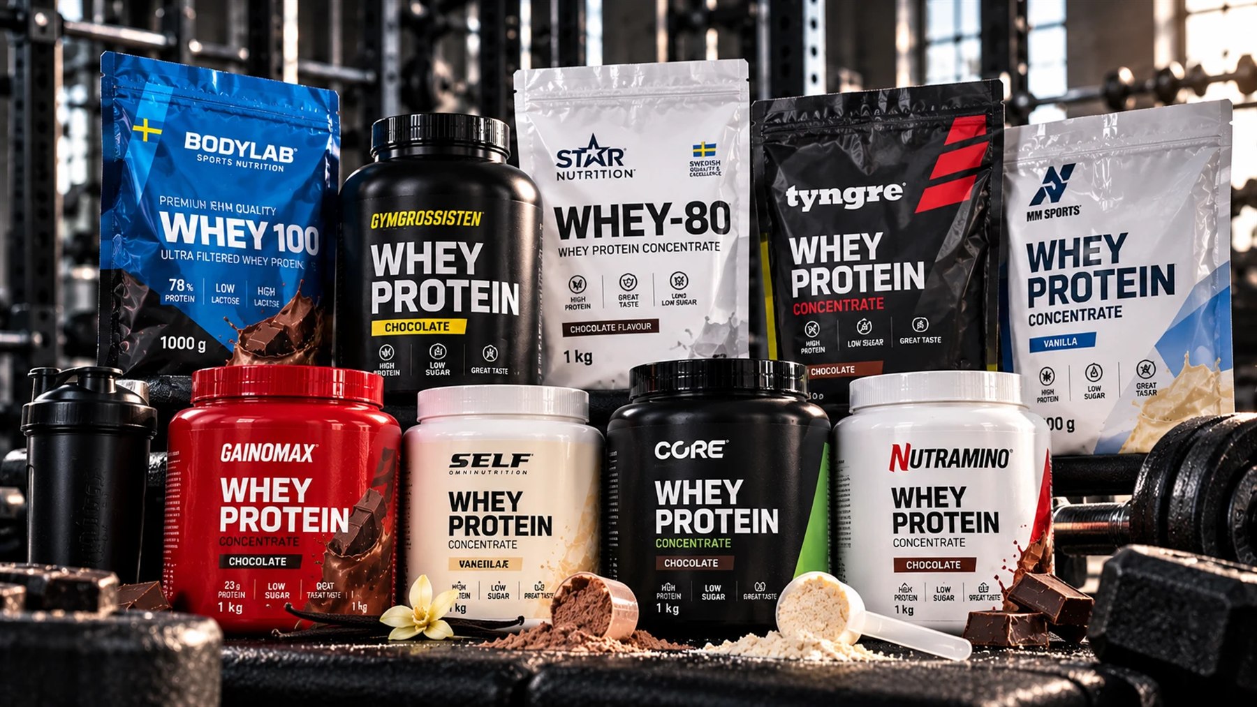Illustration: påsar och burkar med vassleprotein från bland andra Bodylab, Star Nutrition, Tyngre, SELF och Core framför ett skivstångsställ, med skopor av choklad- och vaniljpulver