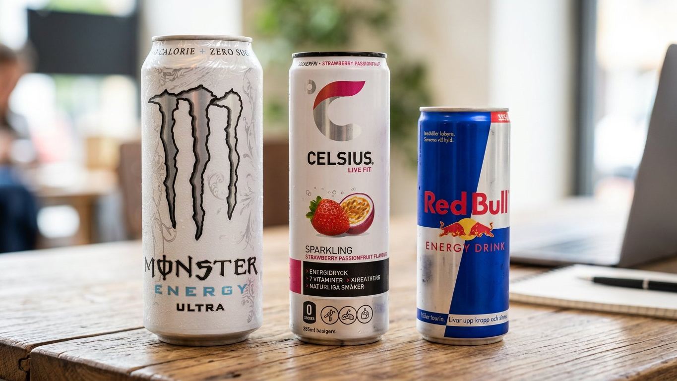 Illustration till Vilken energidryck har mest koffein? Monster, Celsius och Red Bull