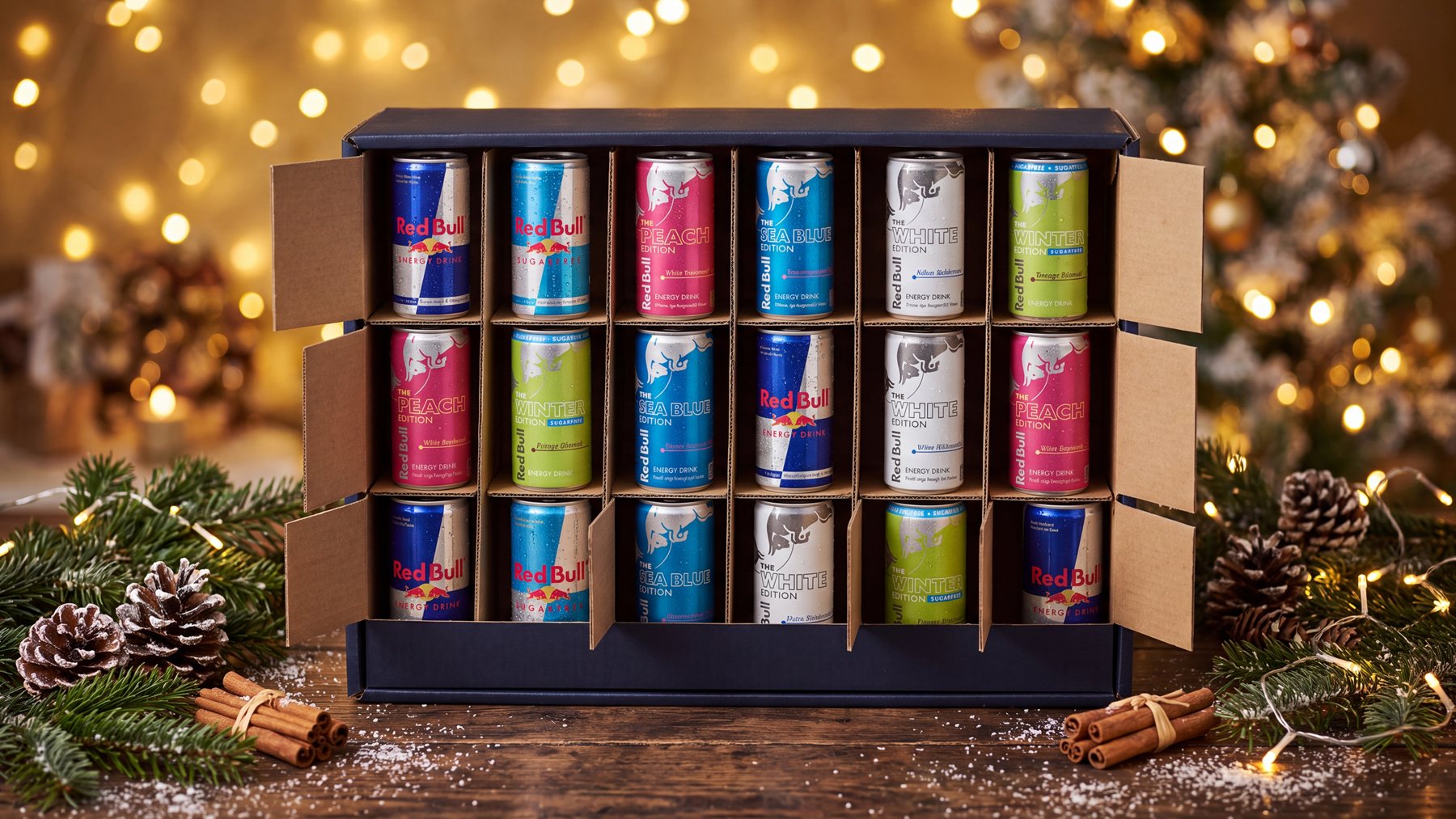Adventskalender med 24 fack fyllda med Red Bull-burkar: originalet, Sugarfree, Peach, Sea Blue, White och Winter Edition, bland granris och julbelysning