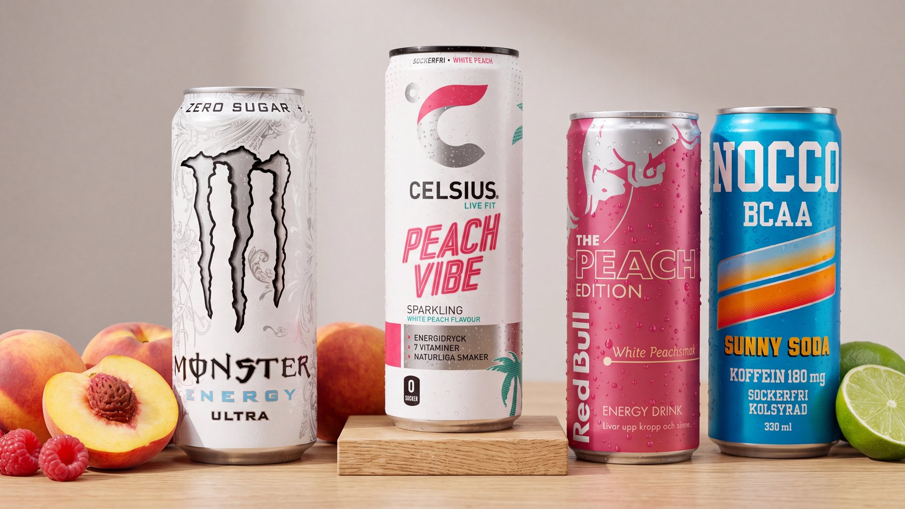 Fyra energidrycksburkar på ett träbord: vit Monster Energy Ultra, Celsius Peach Vibe på en träkloss, Red Bull Peach Edition och NOCCO BCAA Sunny Soda, med persikor, hallon och lime