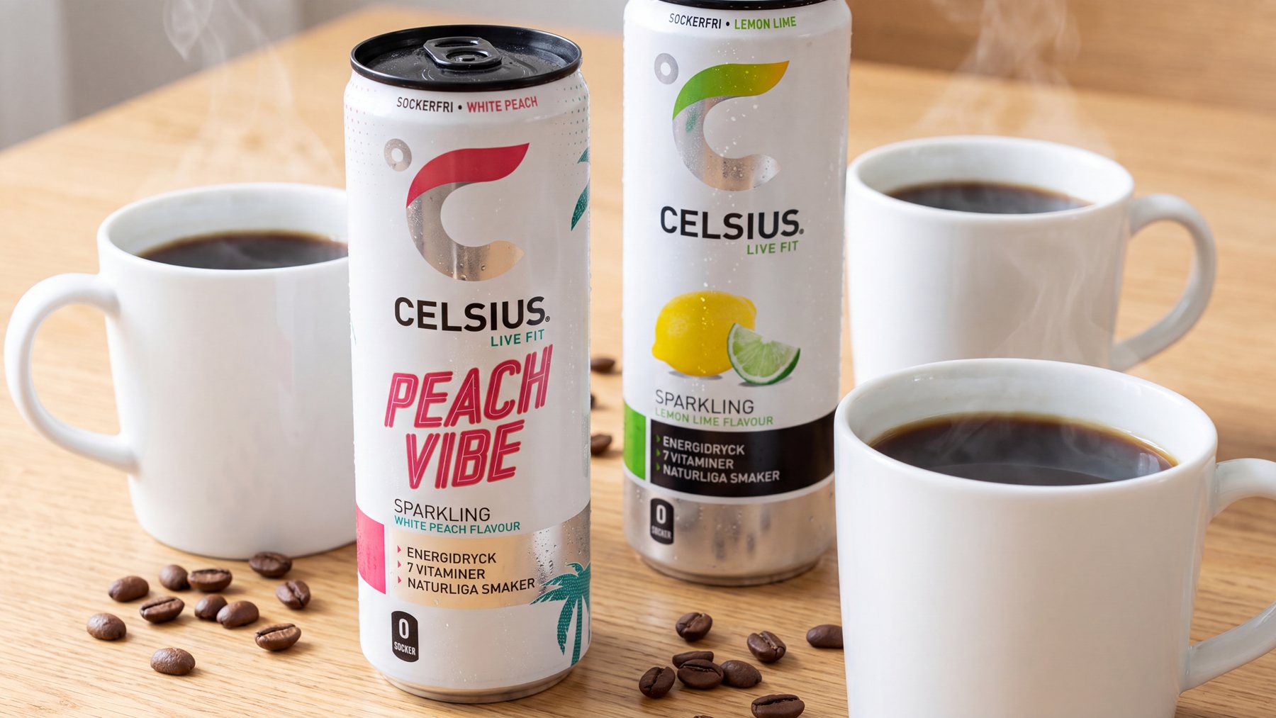 Celsius Peach Vibe och Celsius Lemon Lime bredvid koppar med bryggkaffe och kaffebönor på ett ljust bord