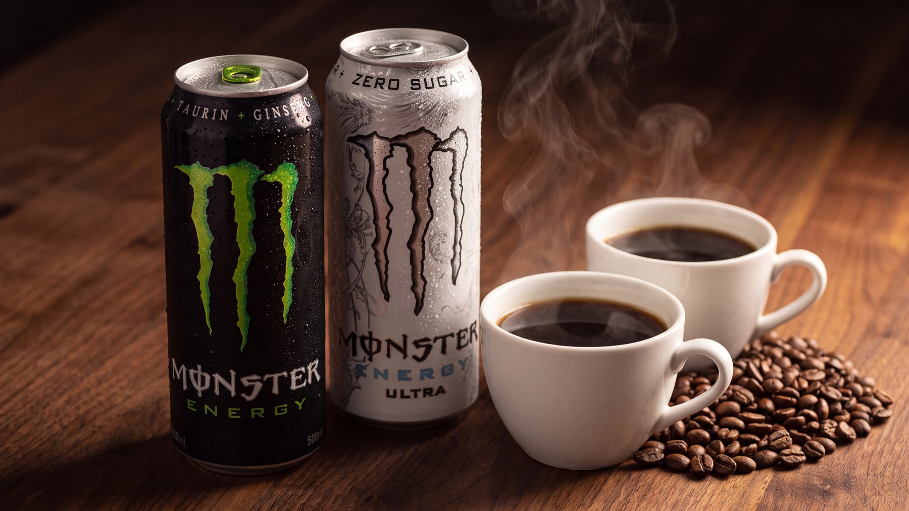 Monster Energy originalet och Monster Ultra White på 500 ml bredvid två koppar bryggkaffe och kaffebönor