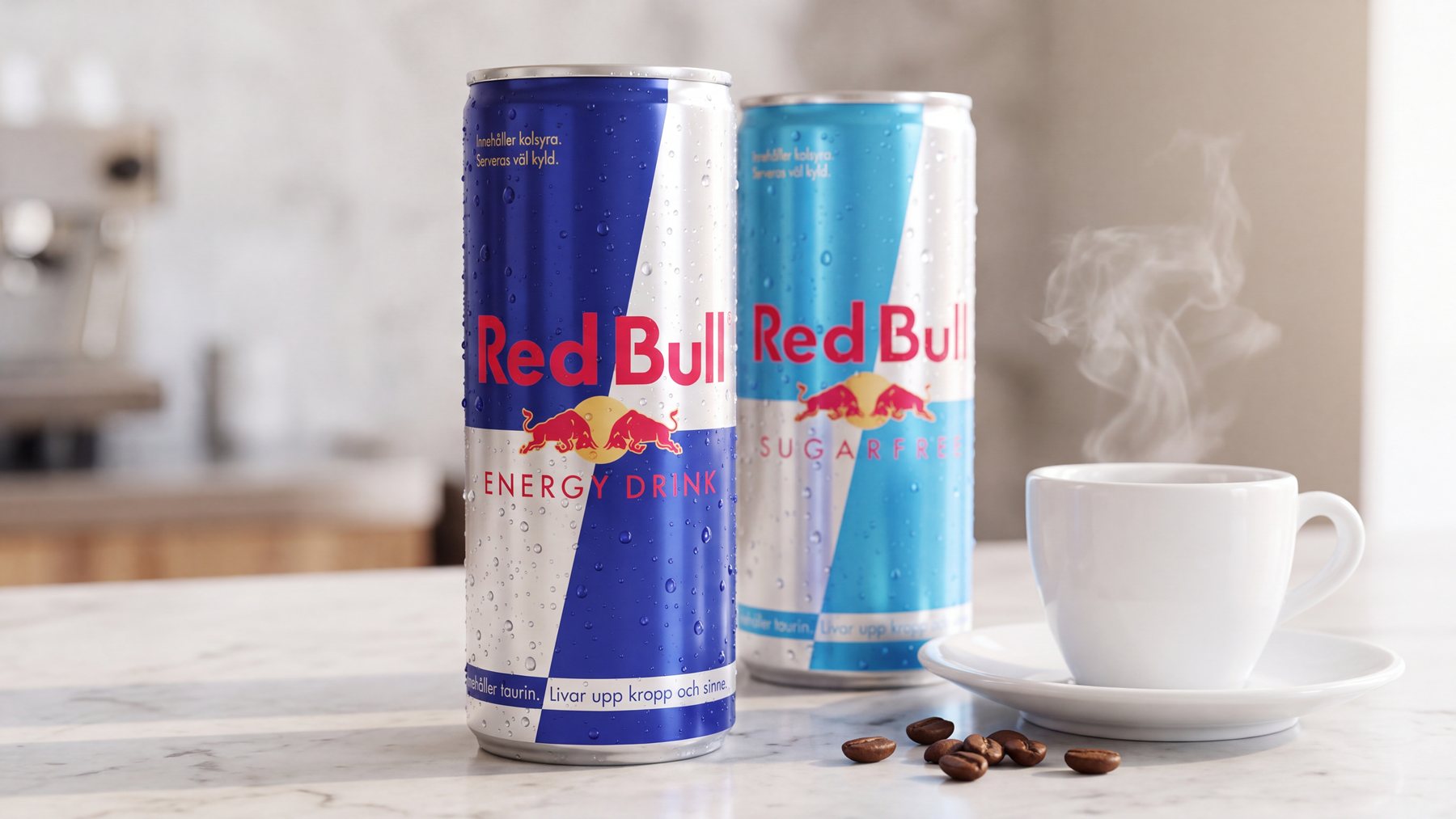 Red Bull Energy Drink och Red Bull Sugarfree på 250 ml bredvid en espresso på en marmordisk