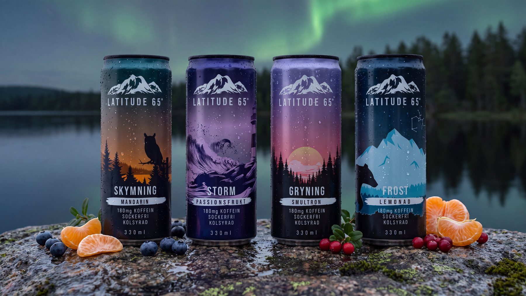 Latitude 65-burkarna Skymning, Storm, Gryning och Frost på en klippa vid en norrländsk sjö under norrsken, med blåbär, lingon och mandarin