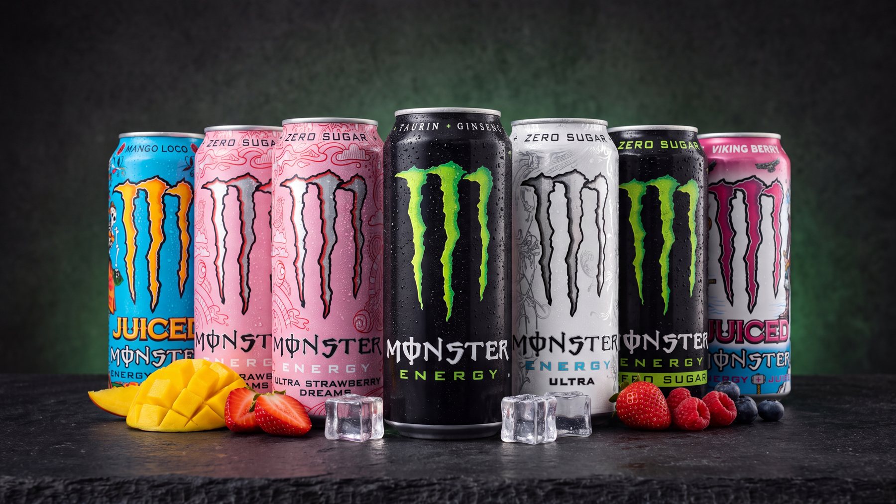 Monster Energy-burkar: Mango Loco, Ultra Strawberry Dreams, originalet, Ultra White, Zero Sugar och Viking Berry med mango och jordgubbar