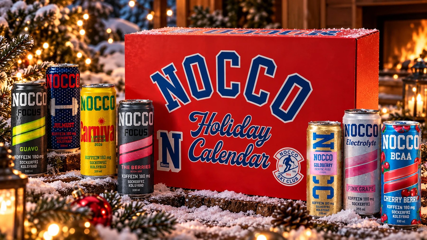 Illustration: röd NOCCO-låda med texten Holiday Calendar i snö framför en brasa, omgiven av NOCCO-burkar i olika smaker