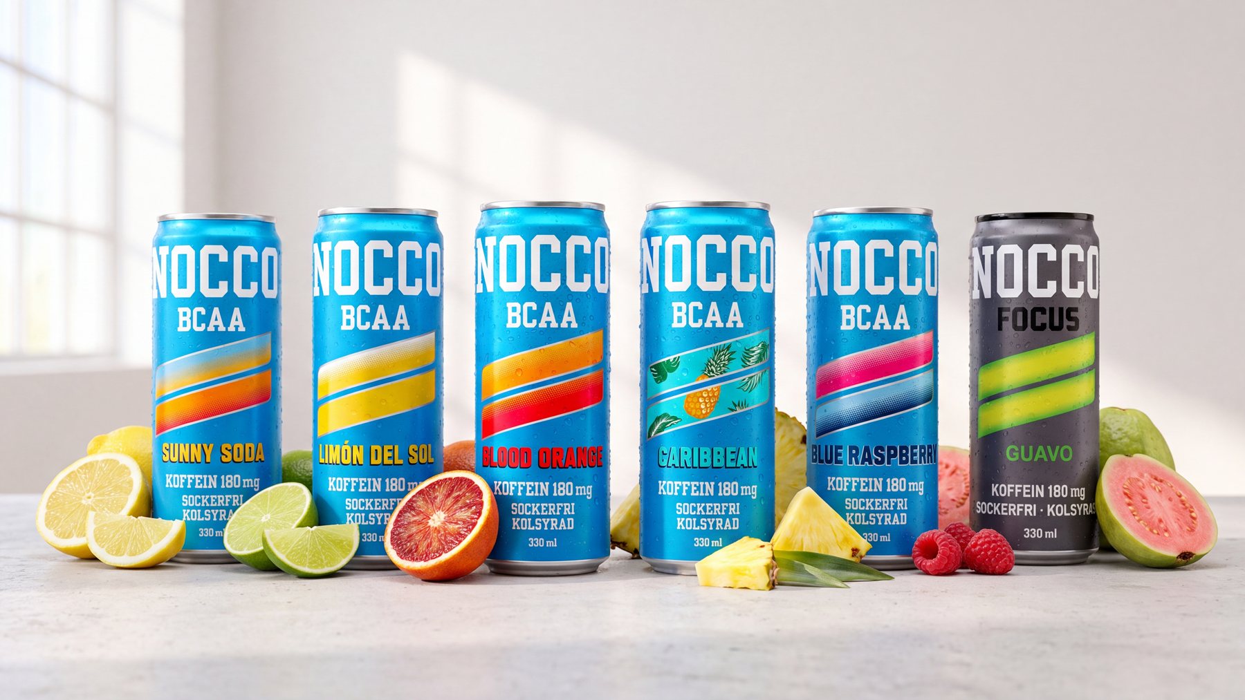 NOCCO BCAA Sunny Soda, Limón del Sol, Blood Orange, Caribbean och Blue Raspberry samt NOCCO Focus Guavo med frukt