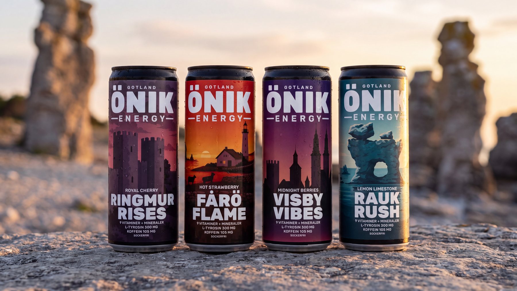 ÖNIK Energy-burkarna Ringmur Rises, Fårö Flame, Visby Vibes och Rauk Rush på en gotländsk kalkstensstrand med raukar i solnedgång