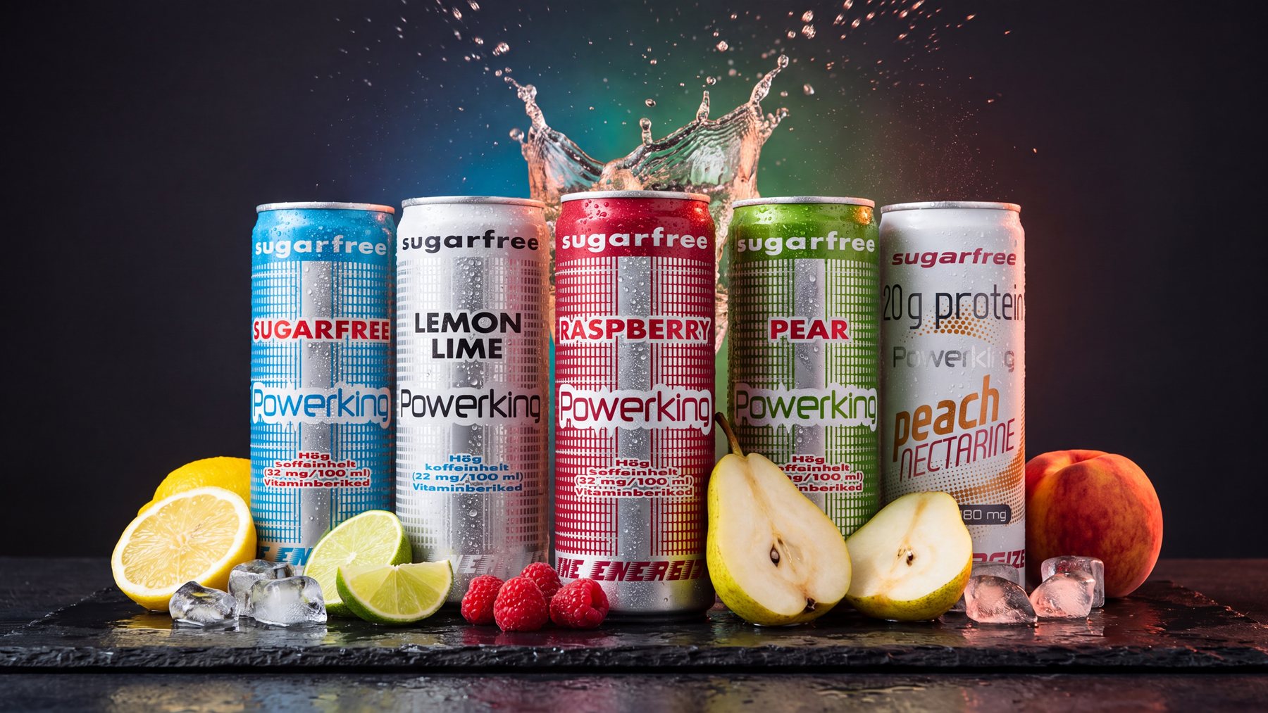 Powerking Sugarfree, Lemon Lime, Raspberry och Pear samt proteindrycken Peach Nectarine på skiffer med frukt och is
