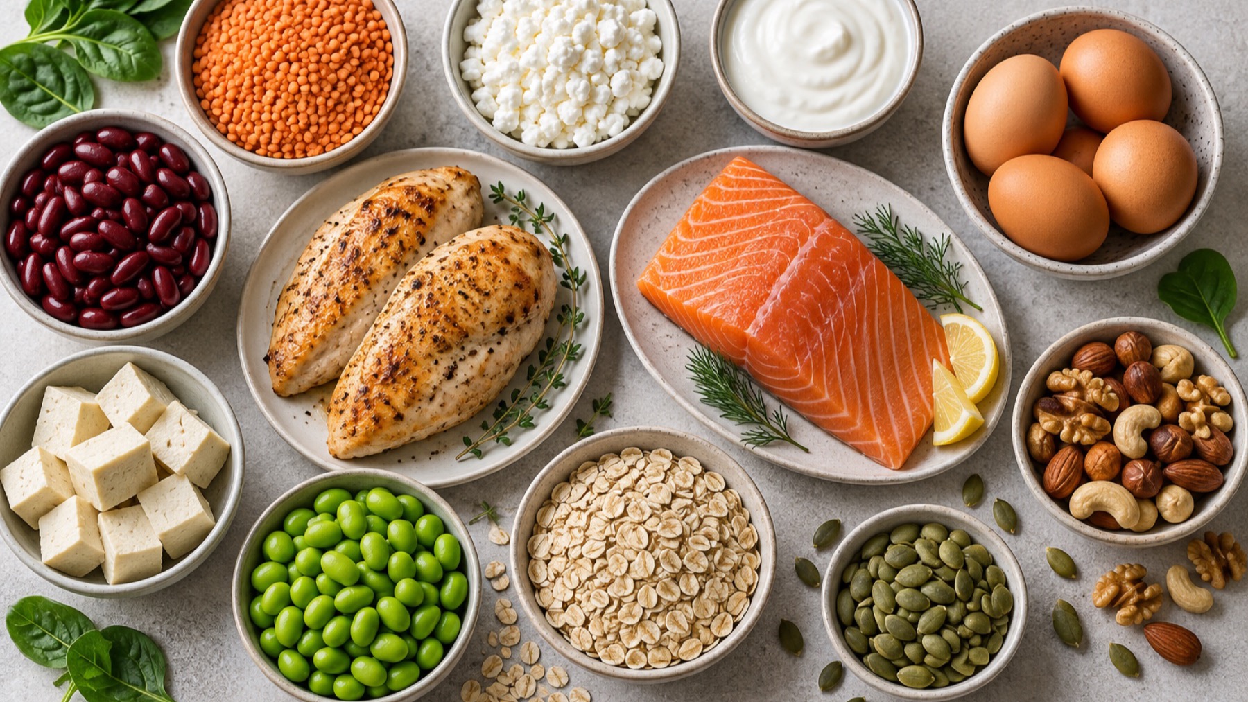 Proteinrika livsmedel som kyckling, lax, ägg, linser, tofu och cottage cheese