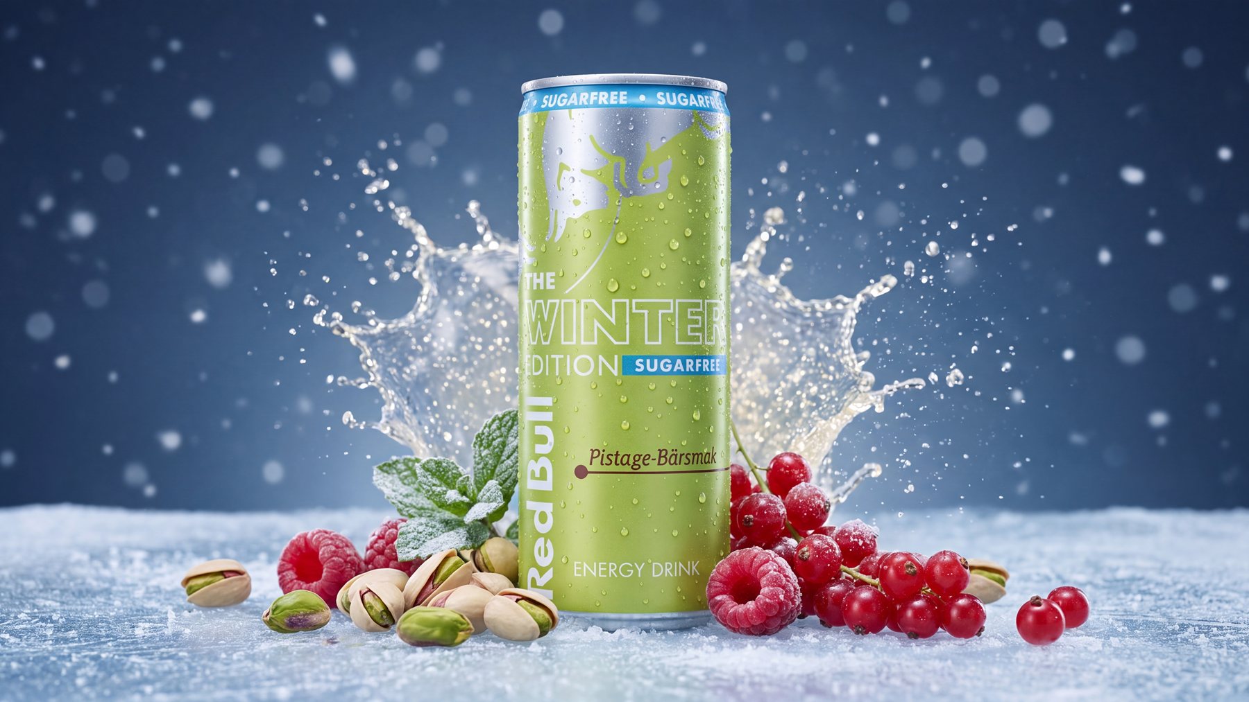 Red Bull Winter Edition Sugarfree med pistage- och bärsmak bland pistagenötter, hallon och röda vinbär
