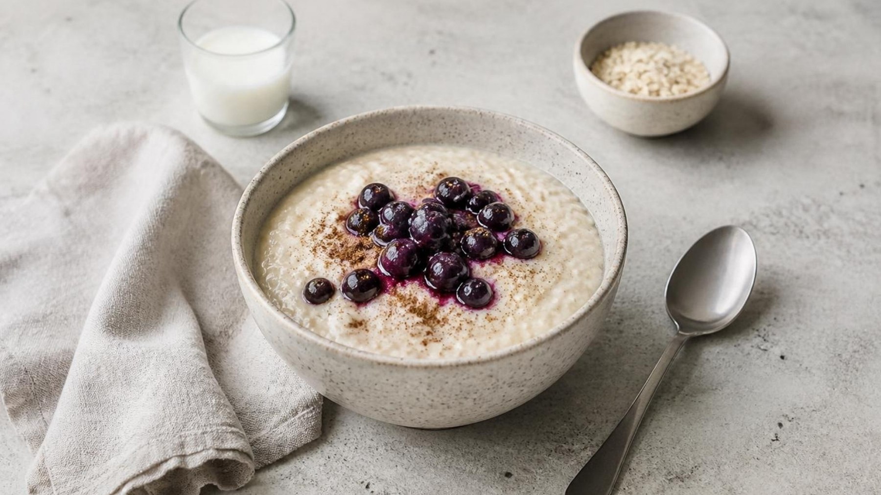 Havregrynsgröt med proteinpulver i en skål, toppad med blåbär och kanel