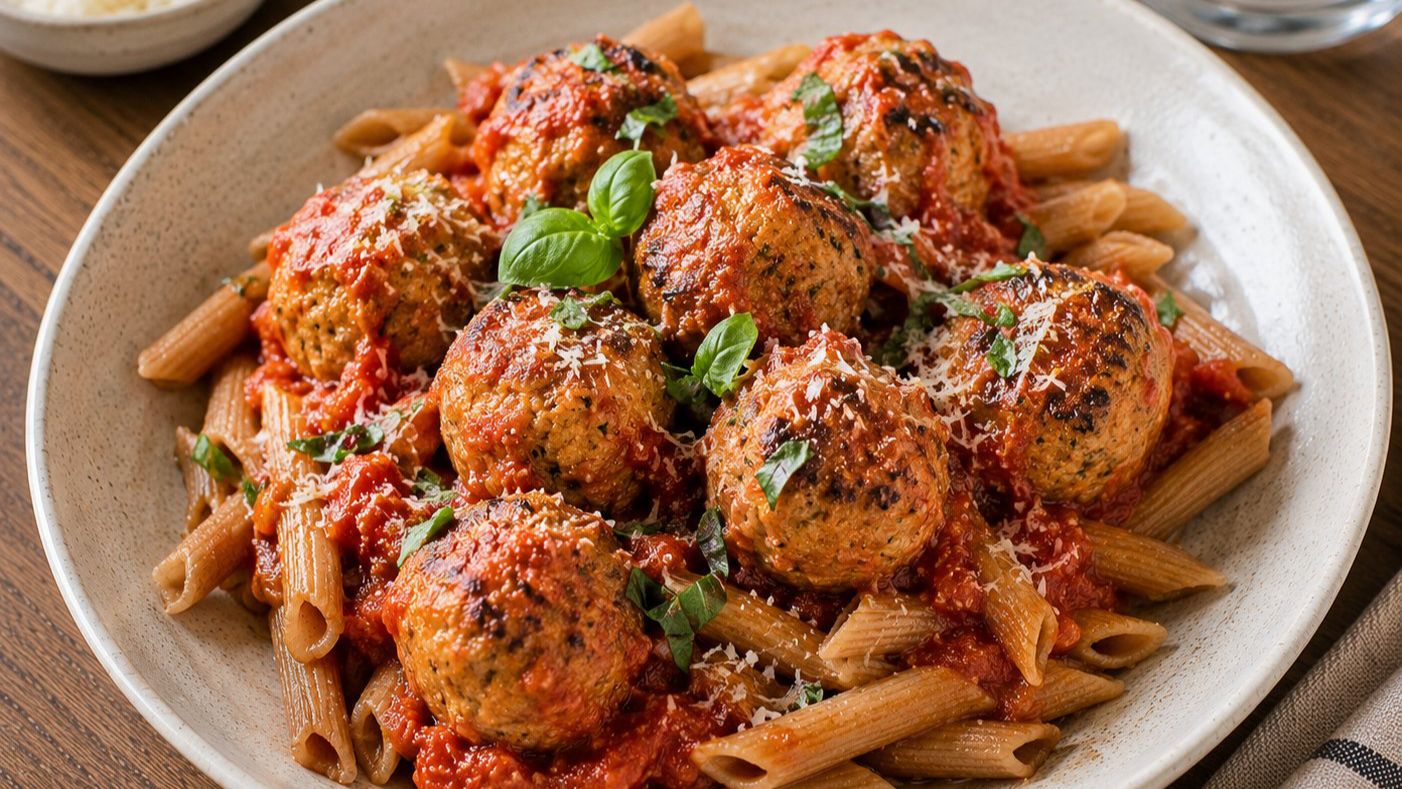Kalkonköttbullar i tomatsås med fullkornspasta – färdiglagat recept
