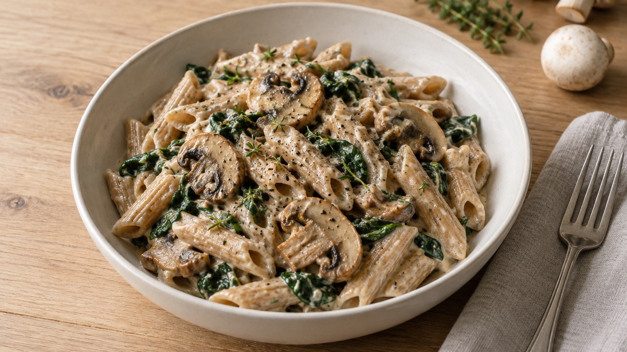Krämig vegansk svamppasta med fullkornspenne, stekta champinjoner och spenat i en vit skål