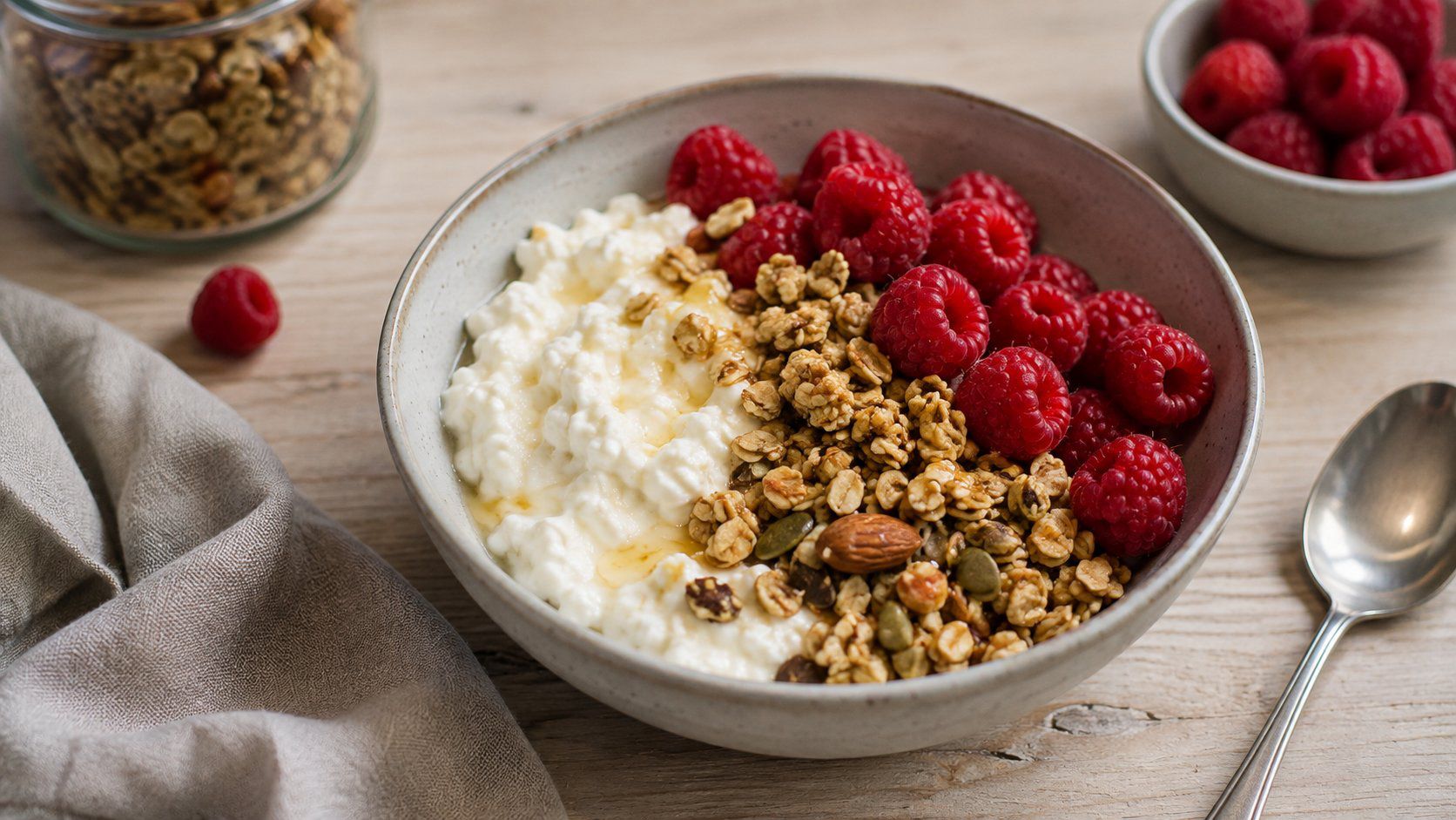 Kvargbowl med granola och hallon – färdiglagat recept