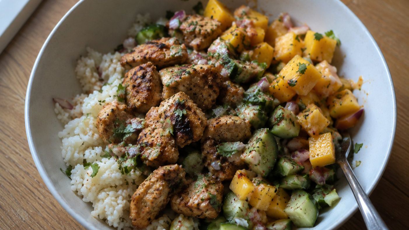 Asiatisk kycklingbowl med ris och mango – färdiglagat recept