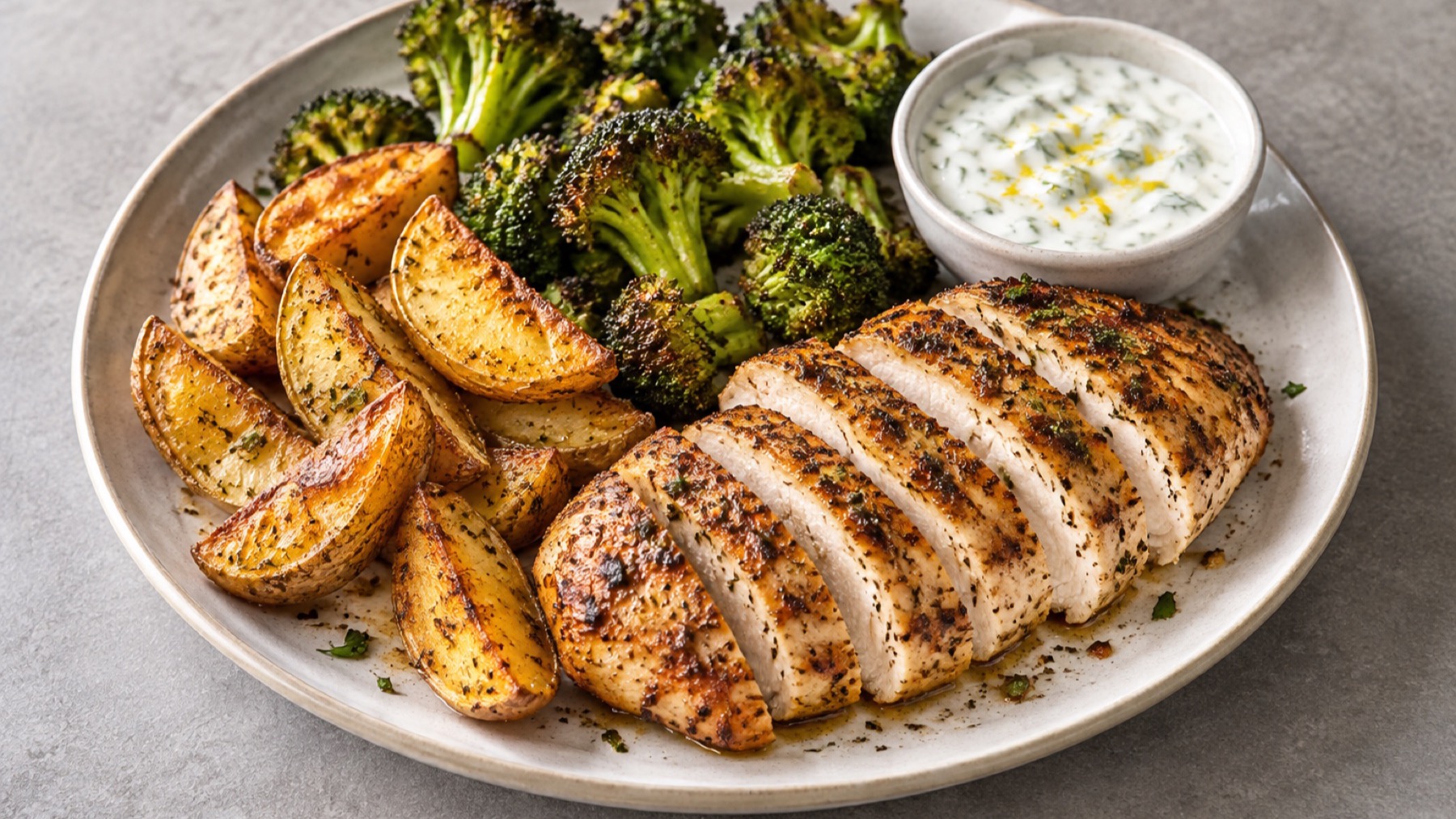 Skivad kycklingfilé med krispig potatis, broccoli och yoghurtsås