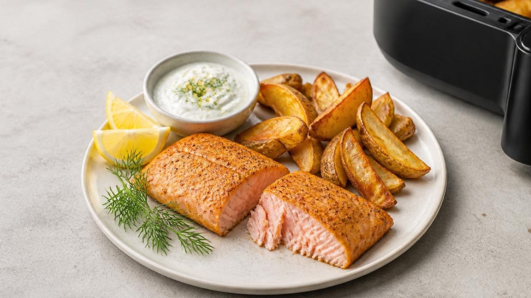 Laxfilé från airfryer med potatisklyftor, citron och dillsås på en tallrik
