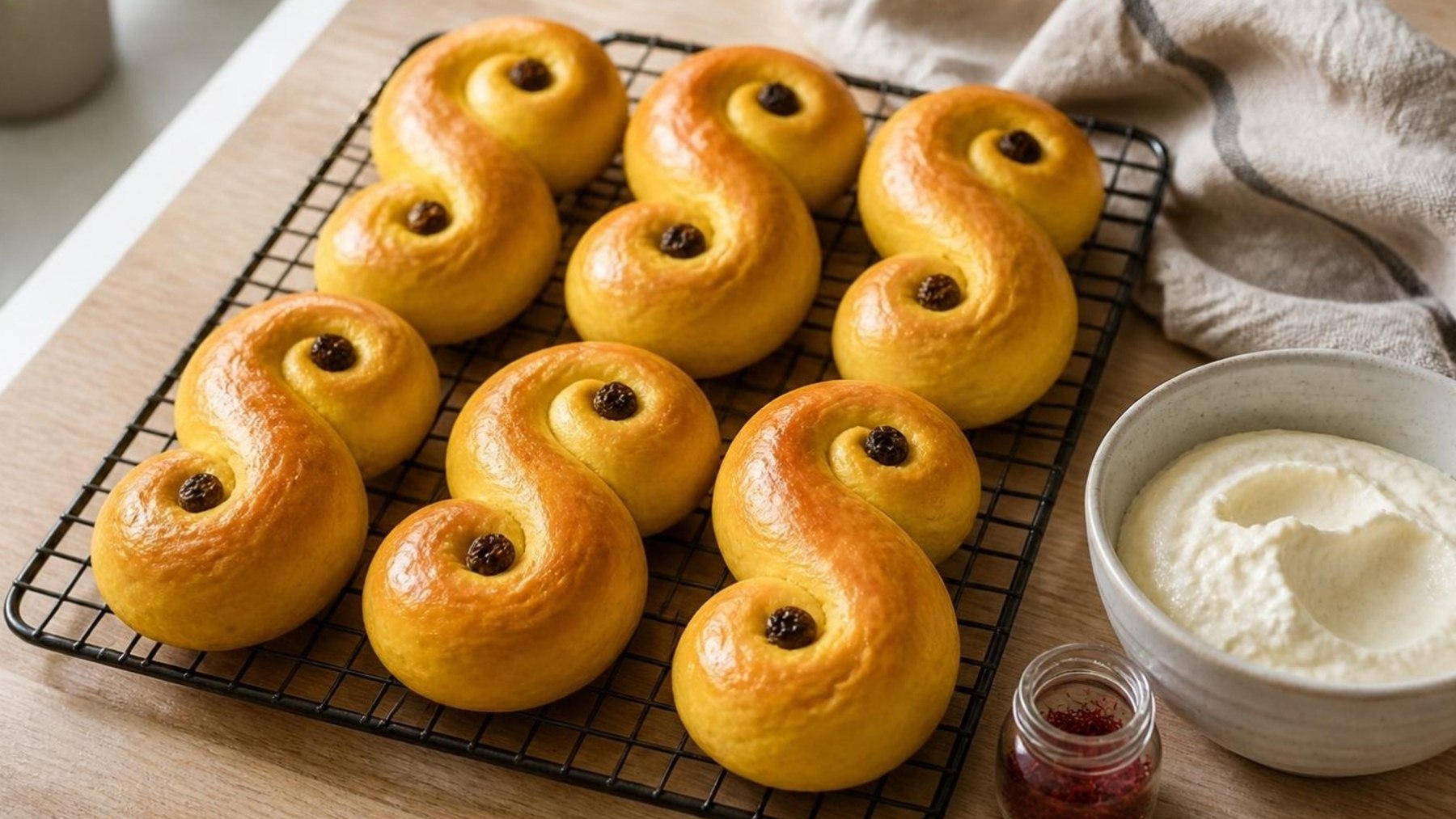 Gyllene lussebullar med russin på ett galler, bredvid en skål kvarg och en liten burk saffran