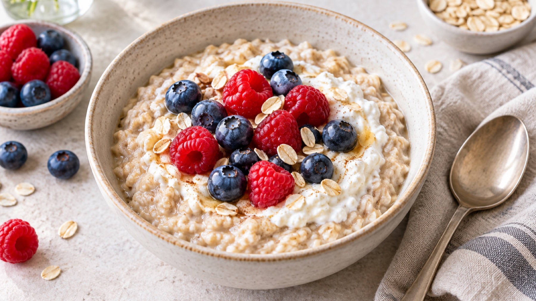 Krämig proteingröt med cottage cheese, blåbär och hallon