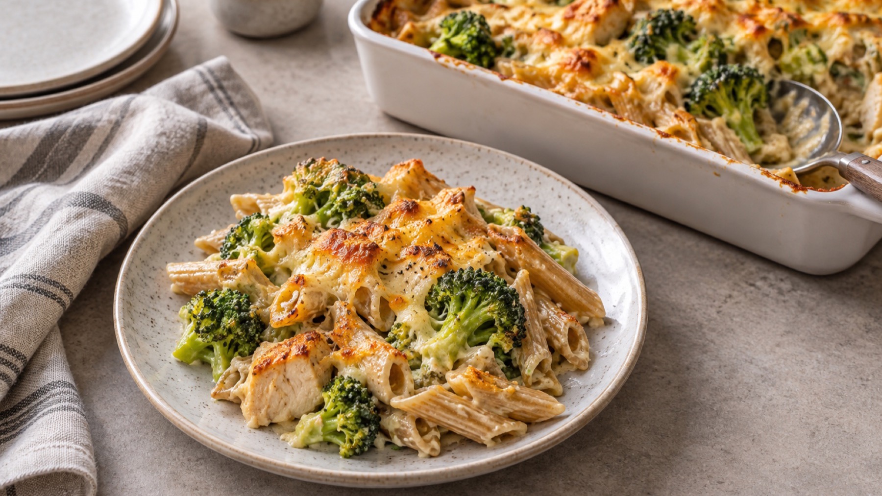 Proteinrik pastagratäng med kyckling och broccoli på tallrik