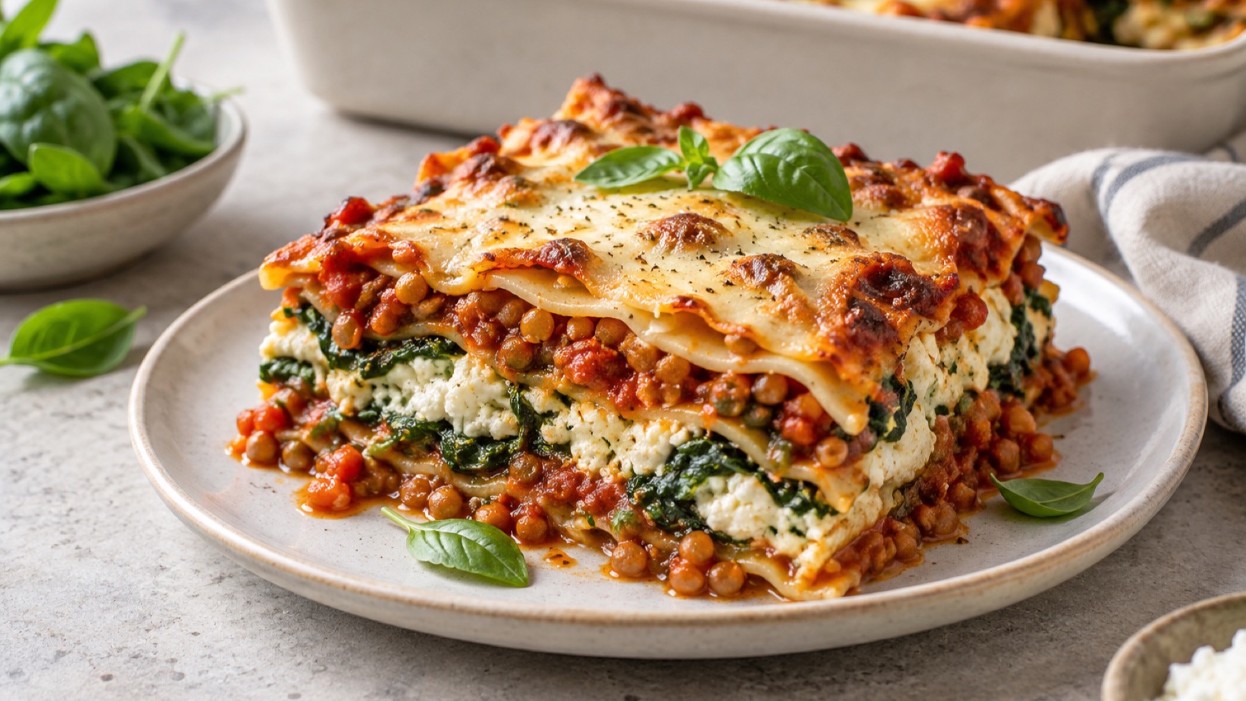 Vegetarisk lasagne med tydliga lager av linser, spenat och cottage cheese