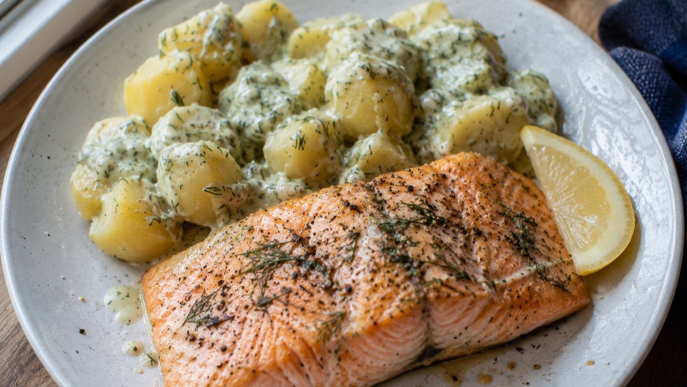 Ugnsbakad lax med dillstuvad potatis – färdiglagat recept