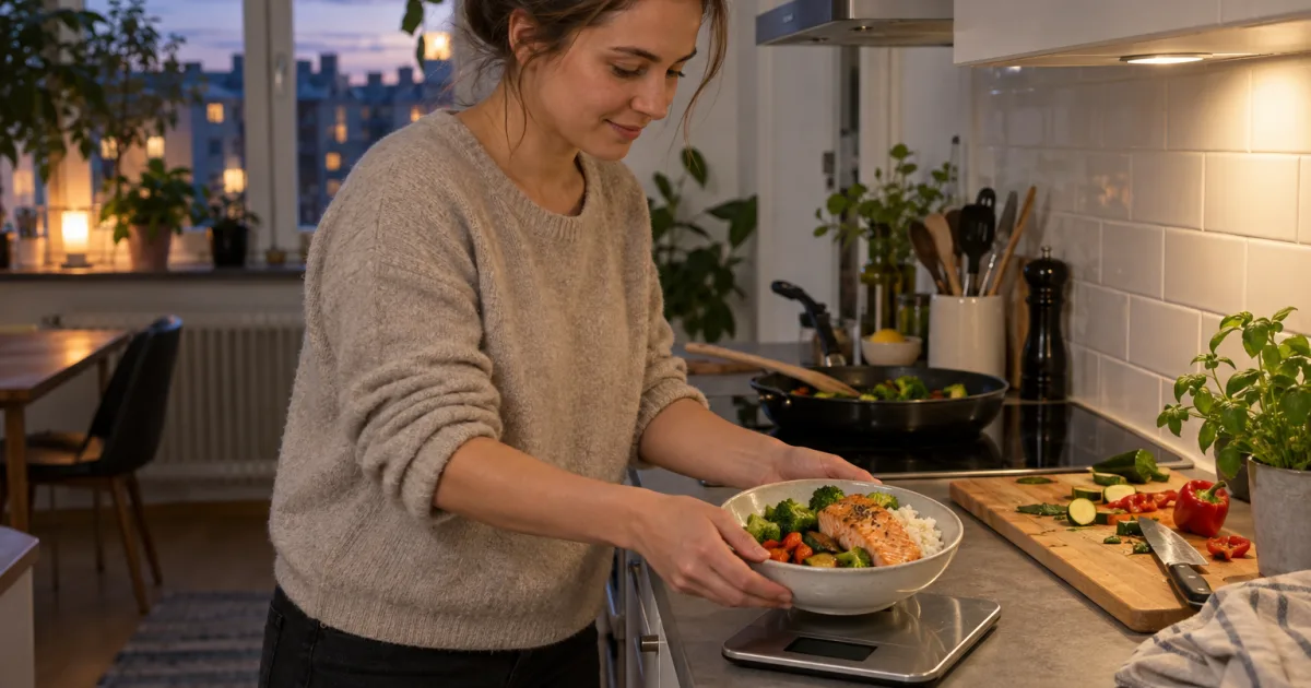 Person väger en hemlagad måltid med lax, ris och grönsaker.