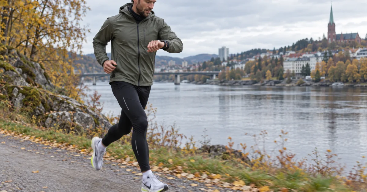 Löpare kontrollerar sin sportklocka på en stig vid vattnet.