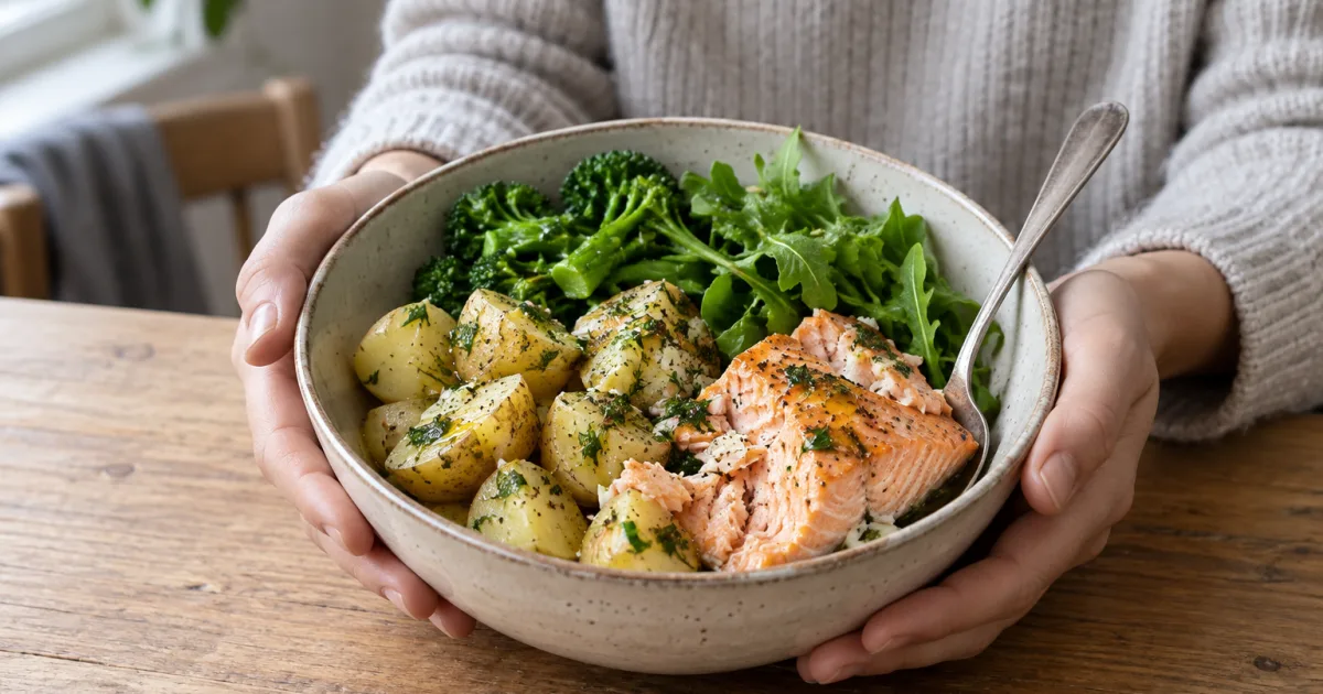 En enkel måltid med lax, potatis och gröna grönsaker hålls fram.