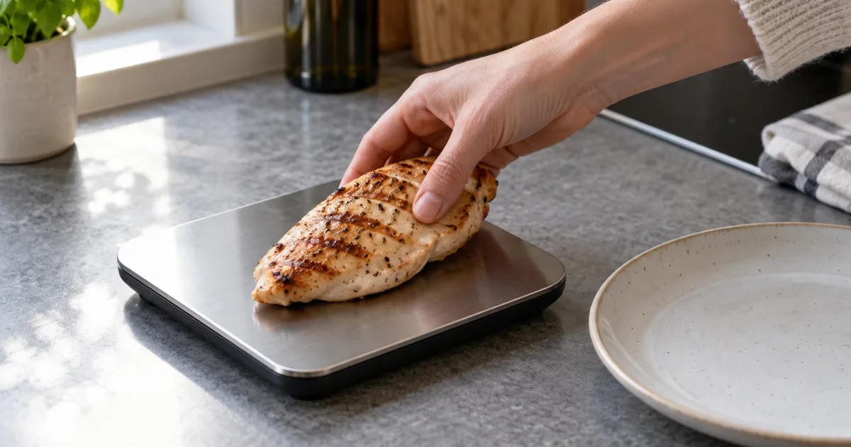 En grillad kycklingfilé vägs på en digital köksvåg.