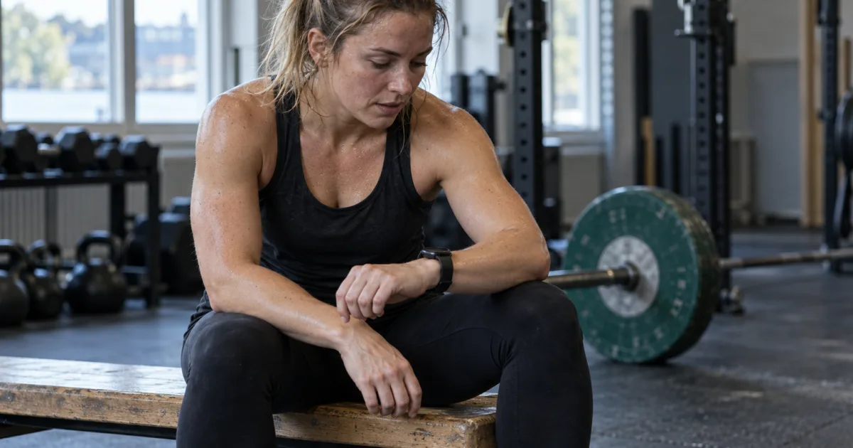 Tränande person som kontrollerar sin sportklocka i ett vanligt gym.